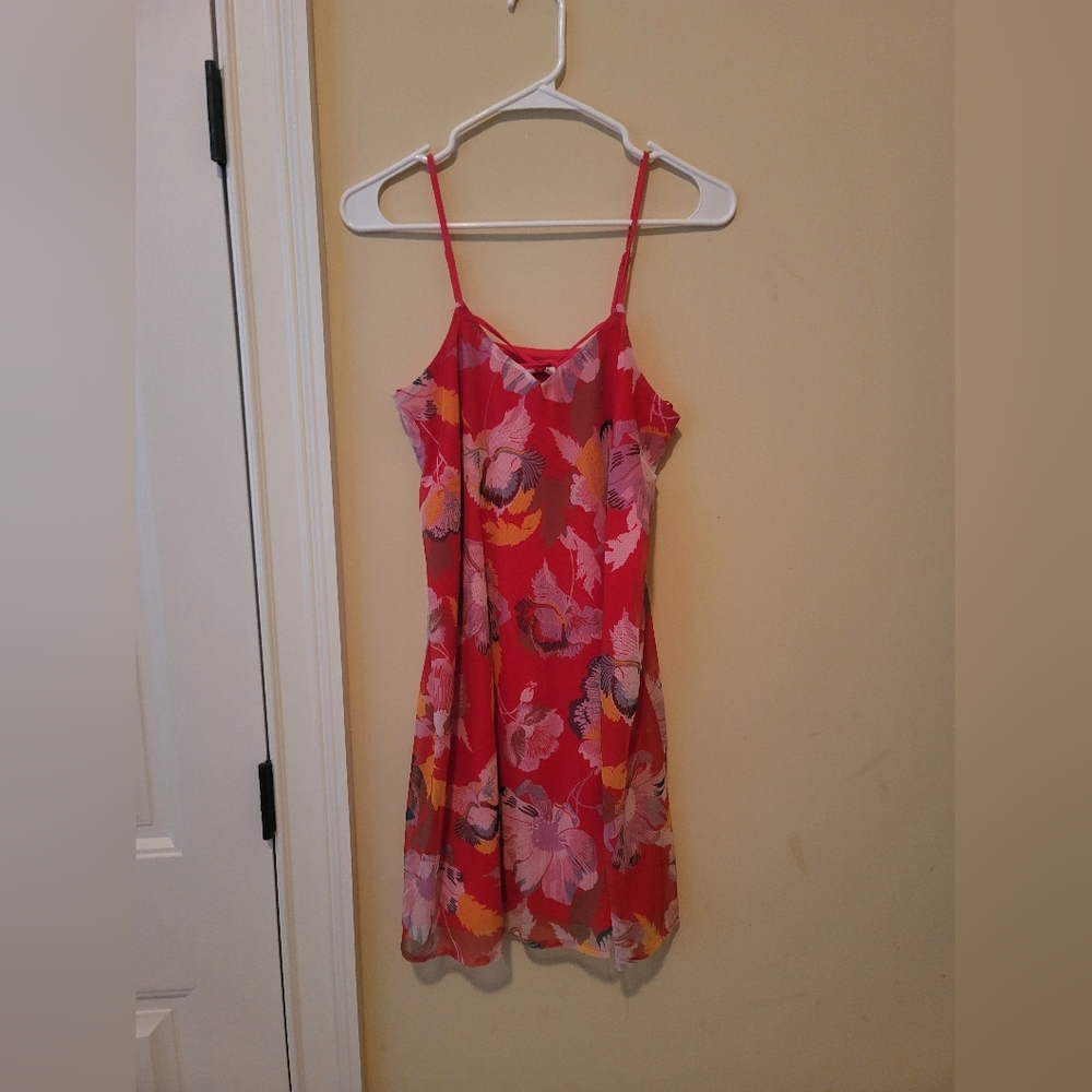 Love,Fire Red Yellow Floral Spaghetti Strap Mini Dress